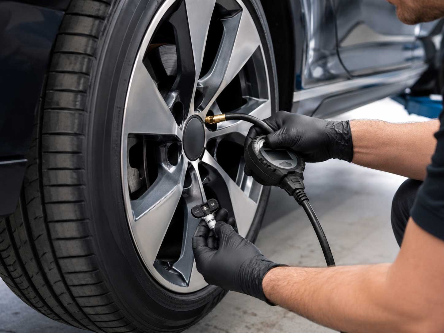 Photorealistic close-up of a mechanic checking tire pressure and TPMS sensor on a modern car wheel in a clean garage, visible valve stem, digital pressure gauge without readable text, mechanic wearing black gloves alloy wheel and tire in sharp focus profess