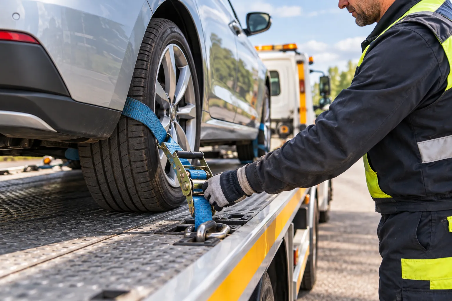 Technicien vérifiant une sangle de maintien sur la roue d’une voiture fixée au plateau d’une dépanneuse