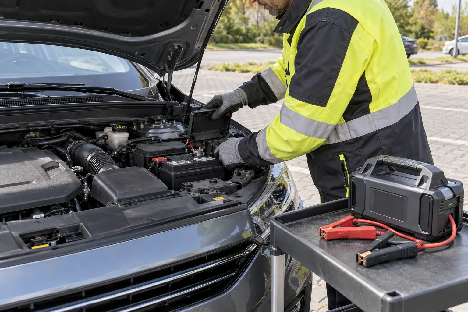 Technicien examinant la batterie 12 V d’une voiture immobilisée lors d’une assistance automobile au Luxembourg