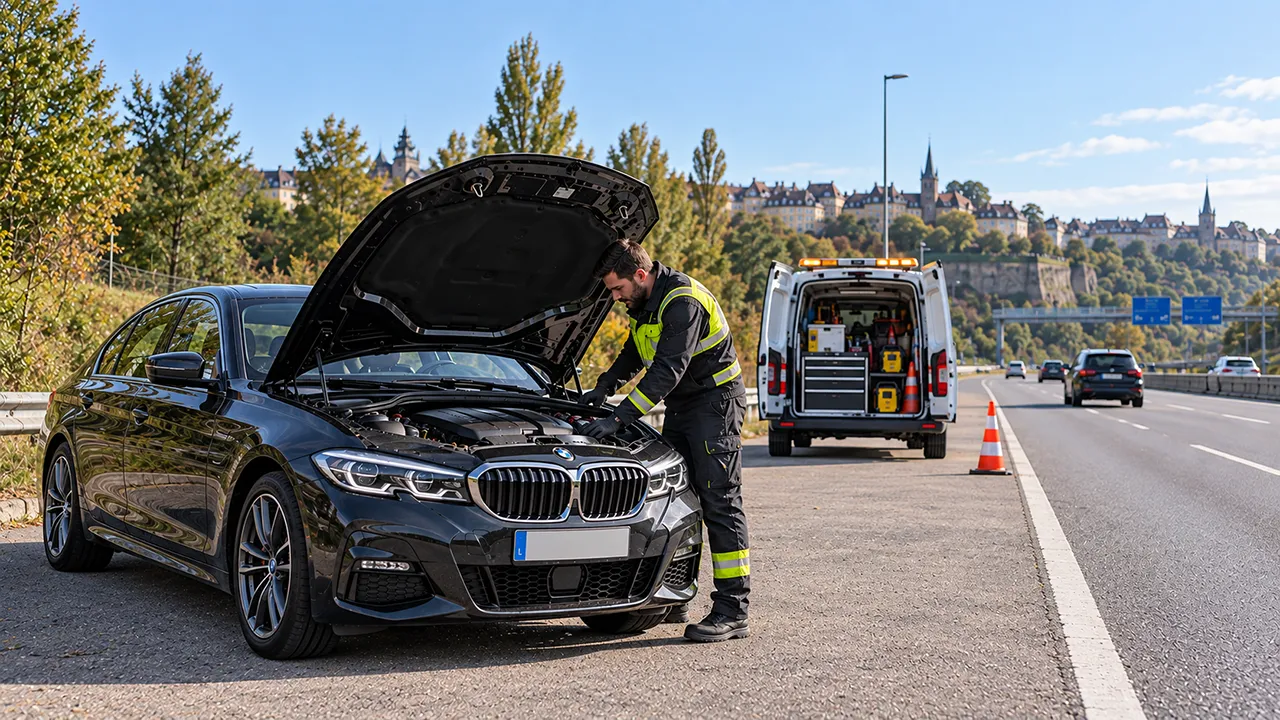 Technicien d’assistance auprès d’un véhicule immobilisé en sécurité