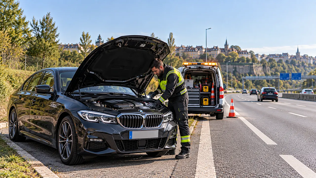 Technicien d’assistance auprès d’un véhicule immobilisé en sécurité