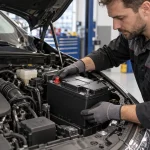 Mécanicien remplaçant la batterie de démarrage 12 volts d'une voiture dans un atelier automobile.