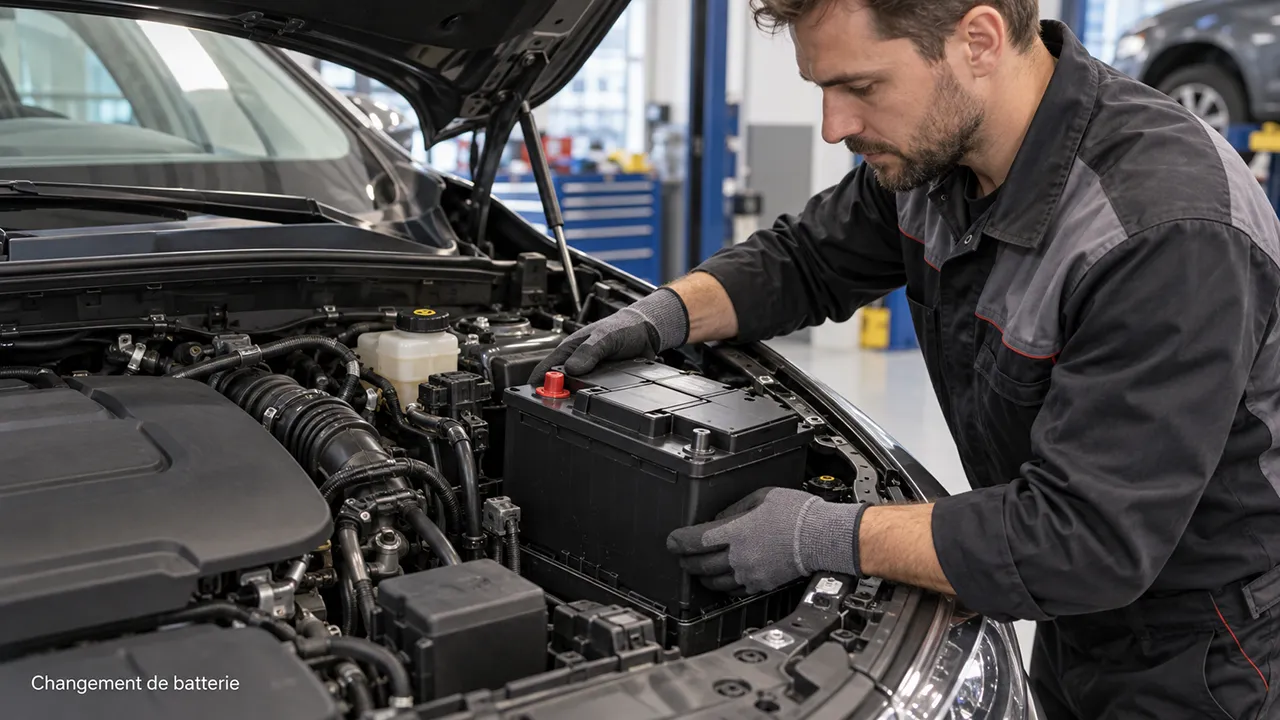 Mécanicien remplaçant la batterie de démarrage 12 volts d'une voiture dans un atelier automobile.
