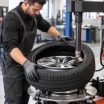 Mécanicien montant un pneu de voiture sur une jante à l'aide d'une machine de montage dans un atelier automobile.