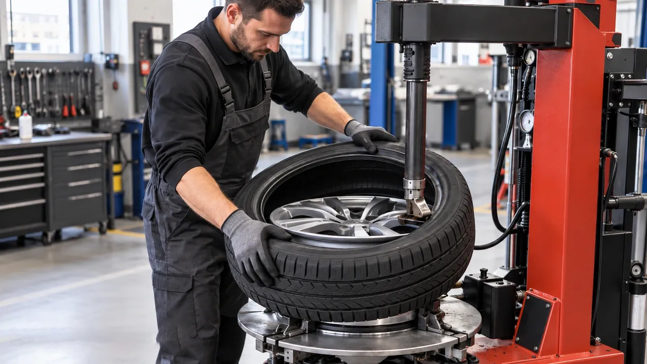 Mécanicien montant un pneu de voiture sur une jante à l'aide d'une machine de montage dans un atelier automobile.