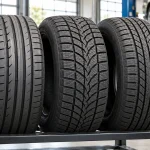 Comparaison de trois pneus de voiture aux sculptures différentes dans un atelier automobile pour choisir des pneus adaptés aux saisons.