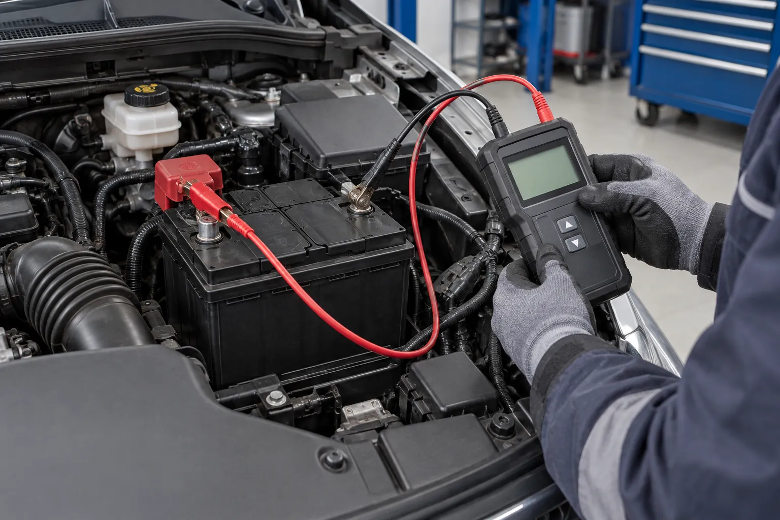 Contrôle d'une batterie de démarrage automobile à l'aide d'un testeur connecté aux bornes.