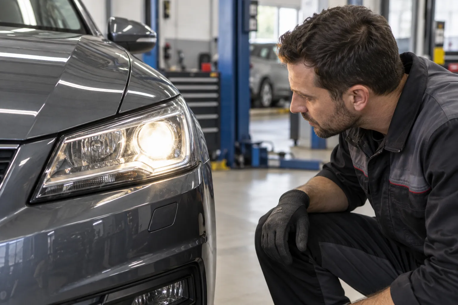 Mécanicien vérifiant le fonctionnement d'un phare avant allumé sur une voiture en atelier.