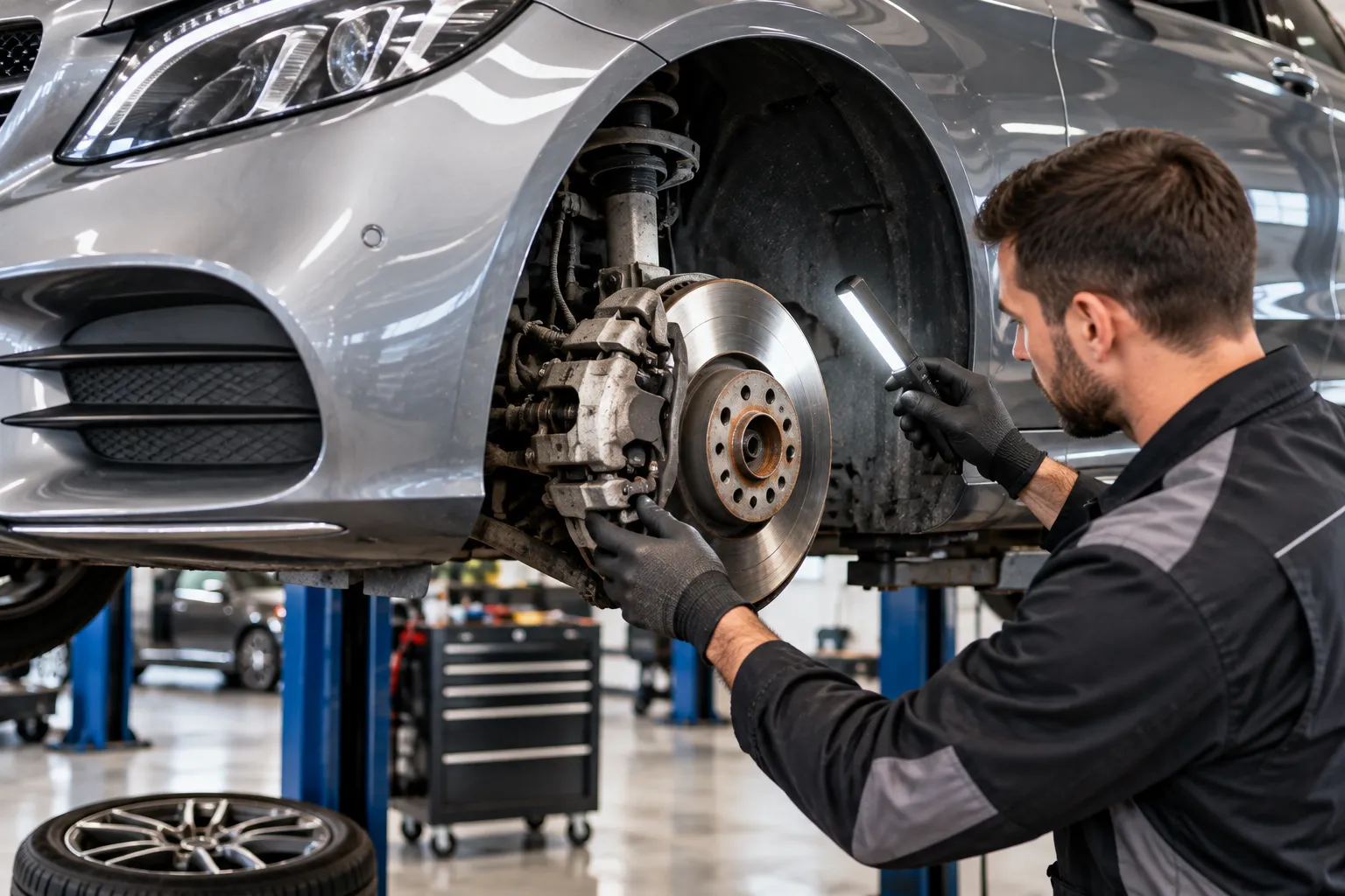 Mécanicien contrôlant le disque et les plaquettes de frein d’une Mercedes-Benz en atelier