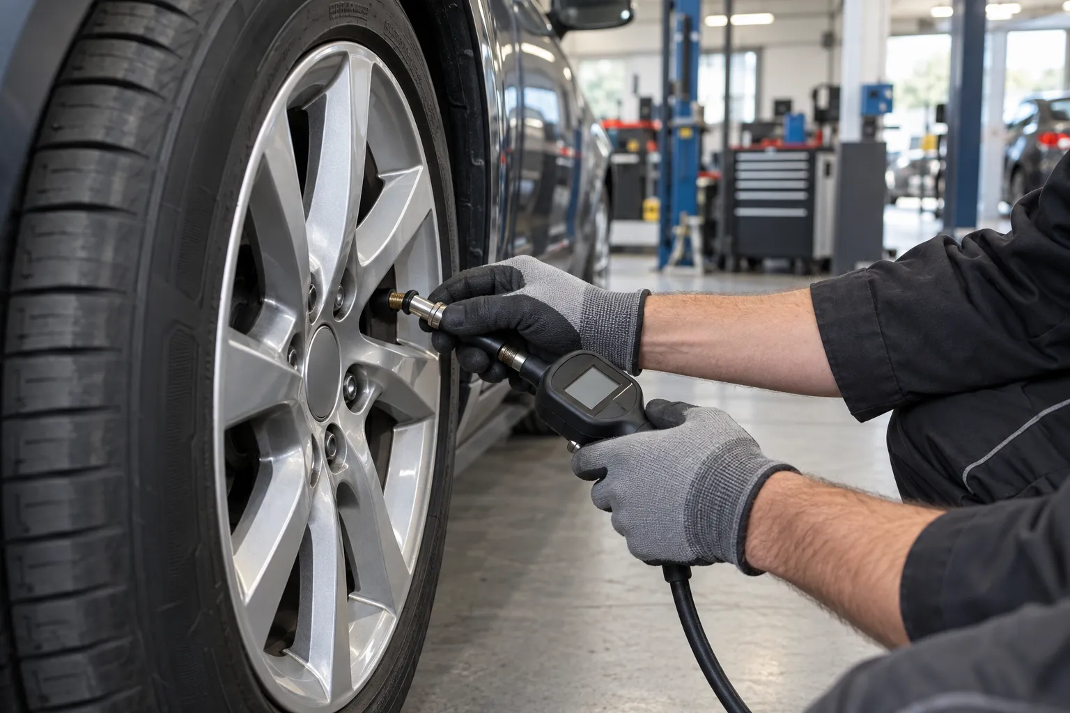 Mécanicien contrôlant la pression d'un pneu de voiture avec un manomètre numérique raccordé à la valve.