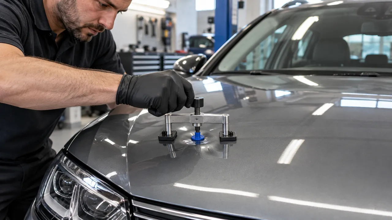 Technicien utilisant un outil de débosselage sans peinture pour corriger une petite bosse sur le capot d’une voiture.