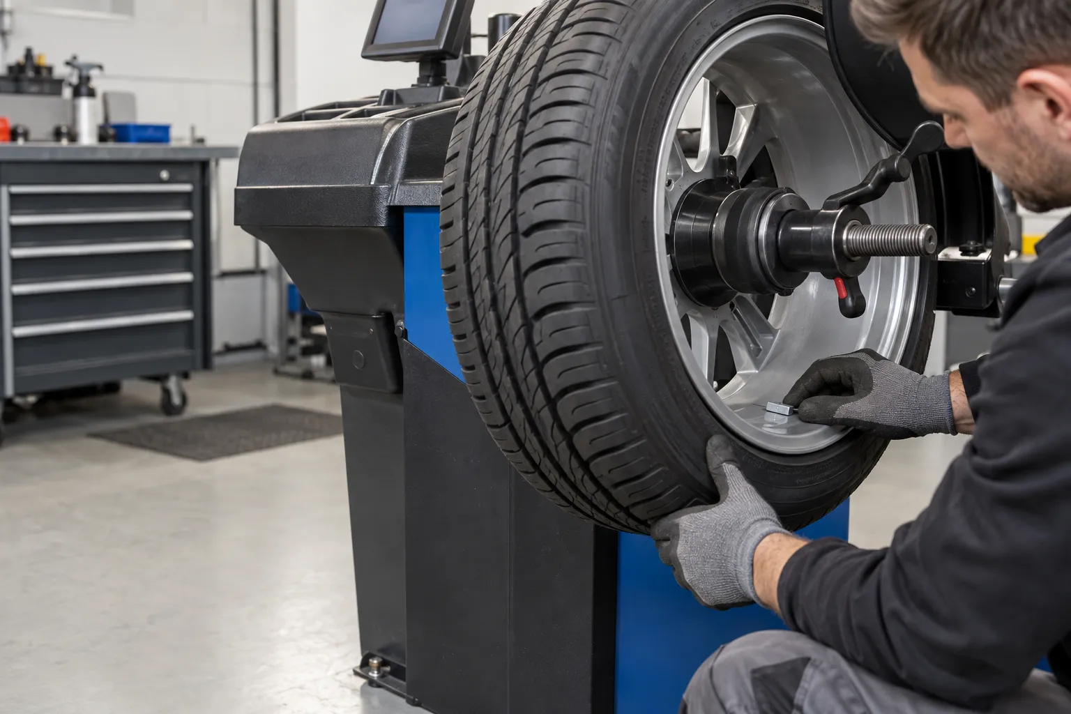 Équilibrage d'une roue de voiture sur une machine professionnelle après le montage d'un pneumatique.