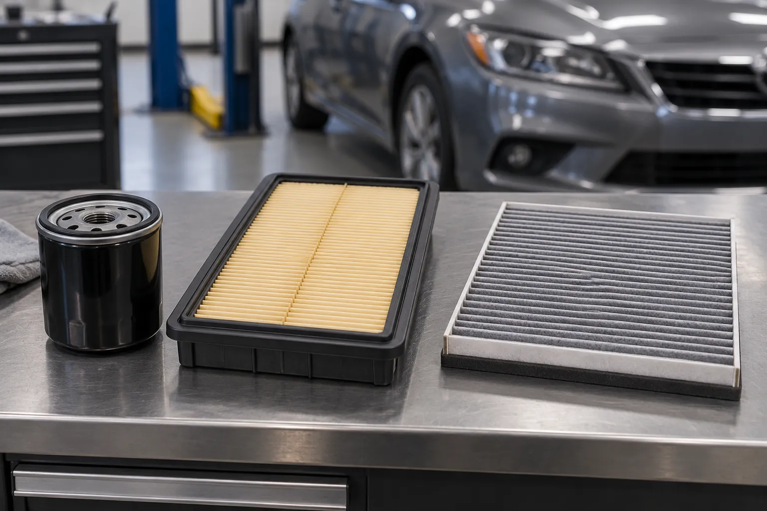 Filtre à huile, filtre à air moteur et filtre d’habitacle utilisés lors de l’entretien automobile
