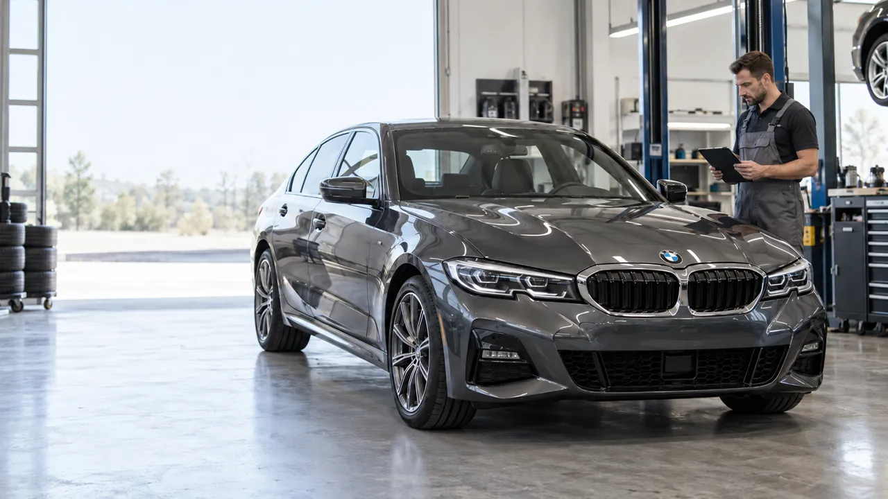 Voiture BMW stationnée dans un atelier automobile indépendant au Luxembourg