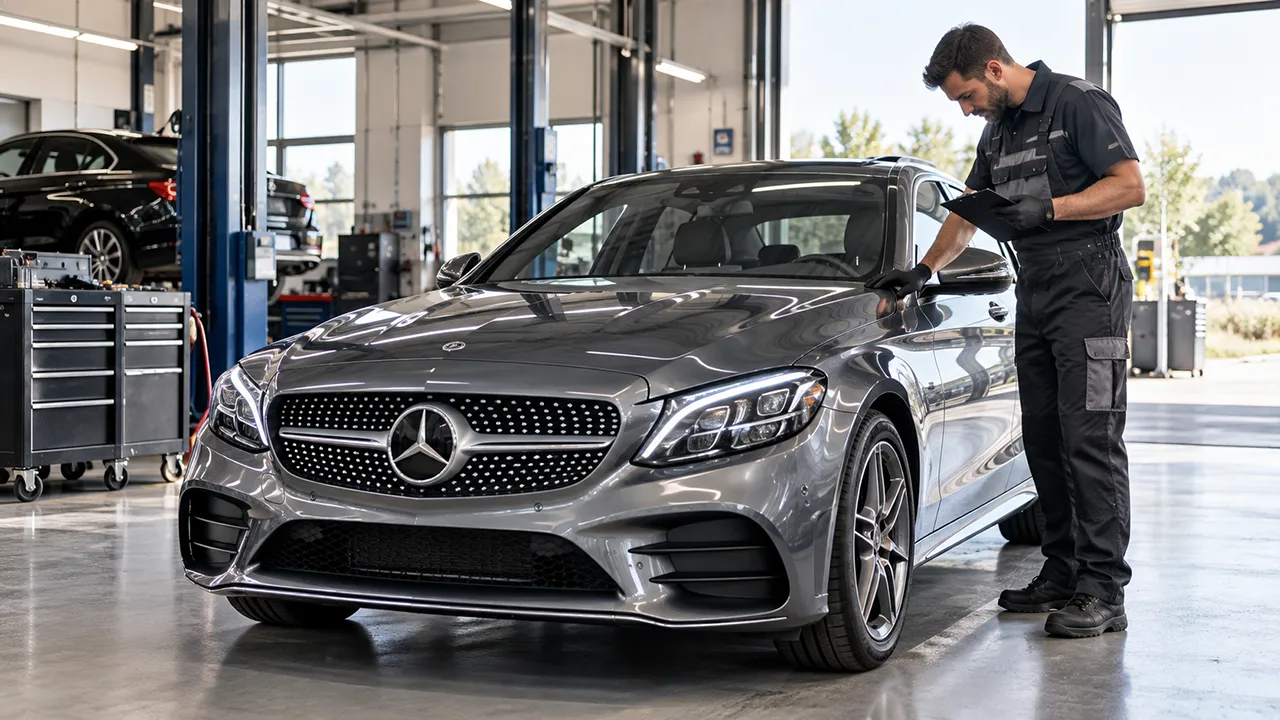 Mercedes-Benz stationnée dans un atelier automobile indépendant pour un entretien au Luxembourg