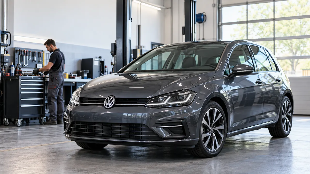 Volkswagen Golf stationnée dans un atelier automobile indépendant pour un entretien au Luxembourg