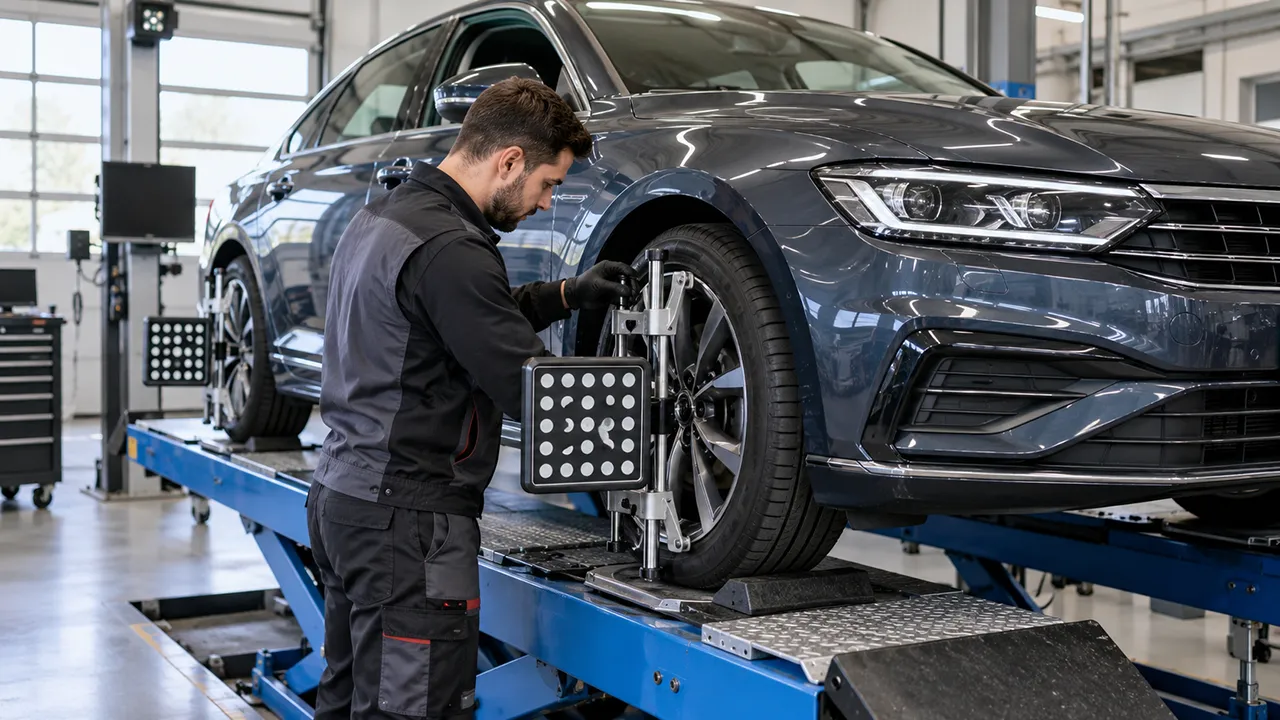 Contrôle de géométrie d'une voiture sur un pont de réglage avec des cibles de mesure fixées aux roues.