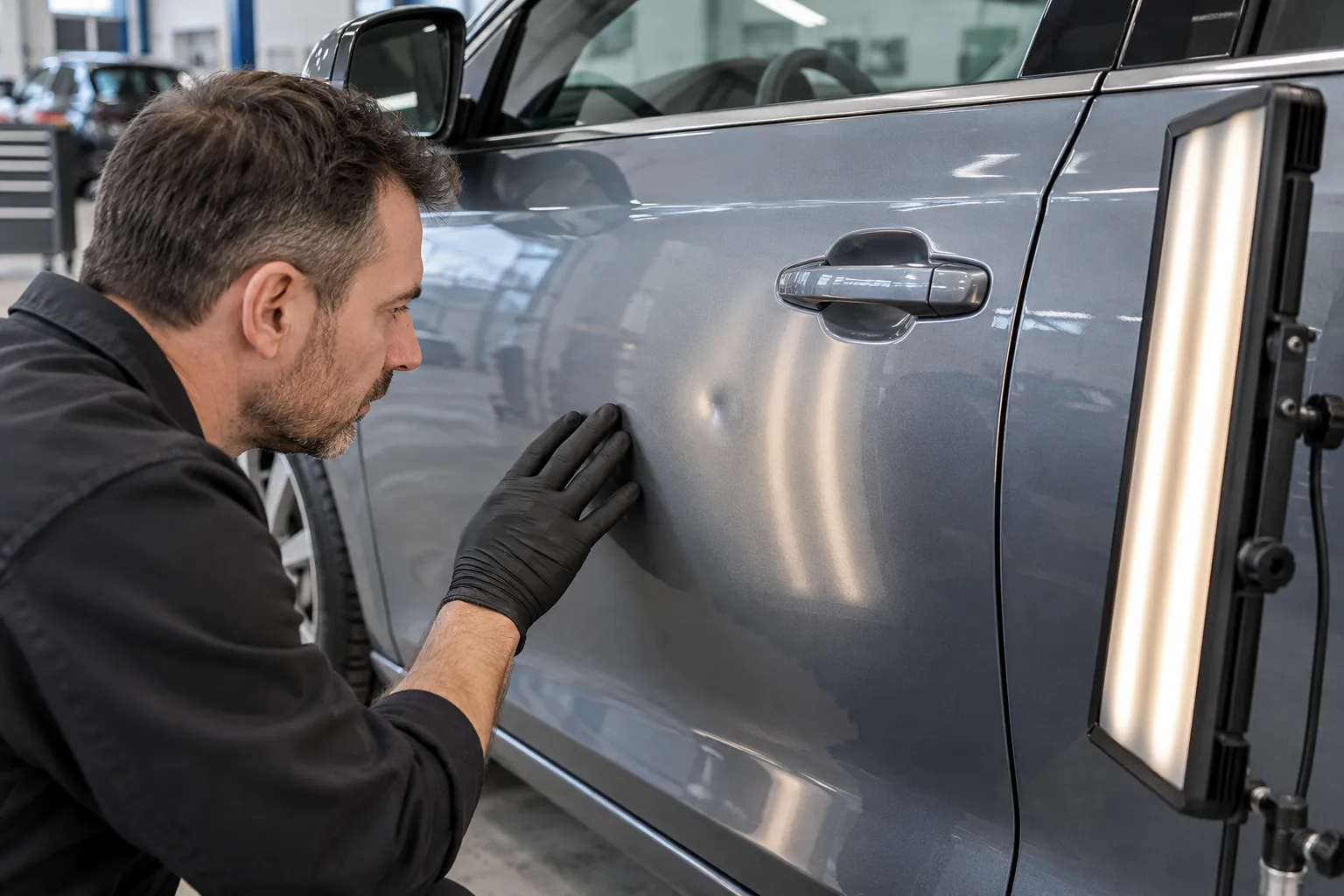 Inspection d'une petite bosse sur une portière de voiture dont la peinture est intacte.