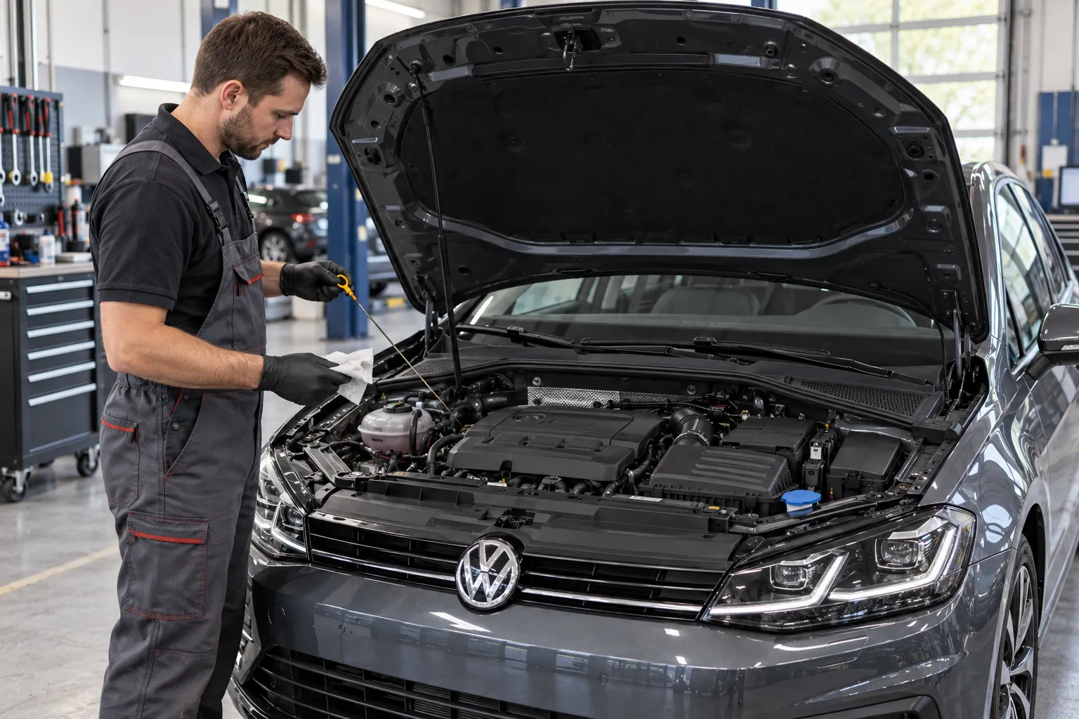Mécanicien vérifiant le niveau d’huile d’une Volkswagen avant son entretien en atelier