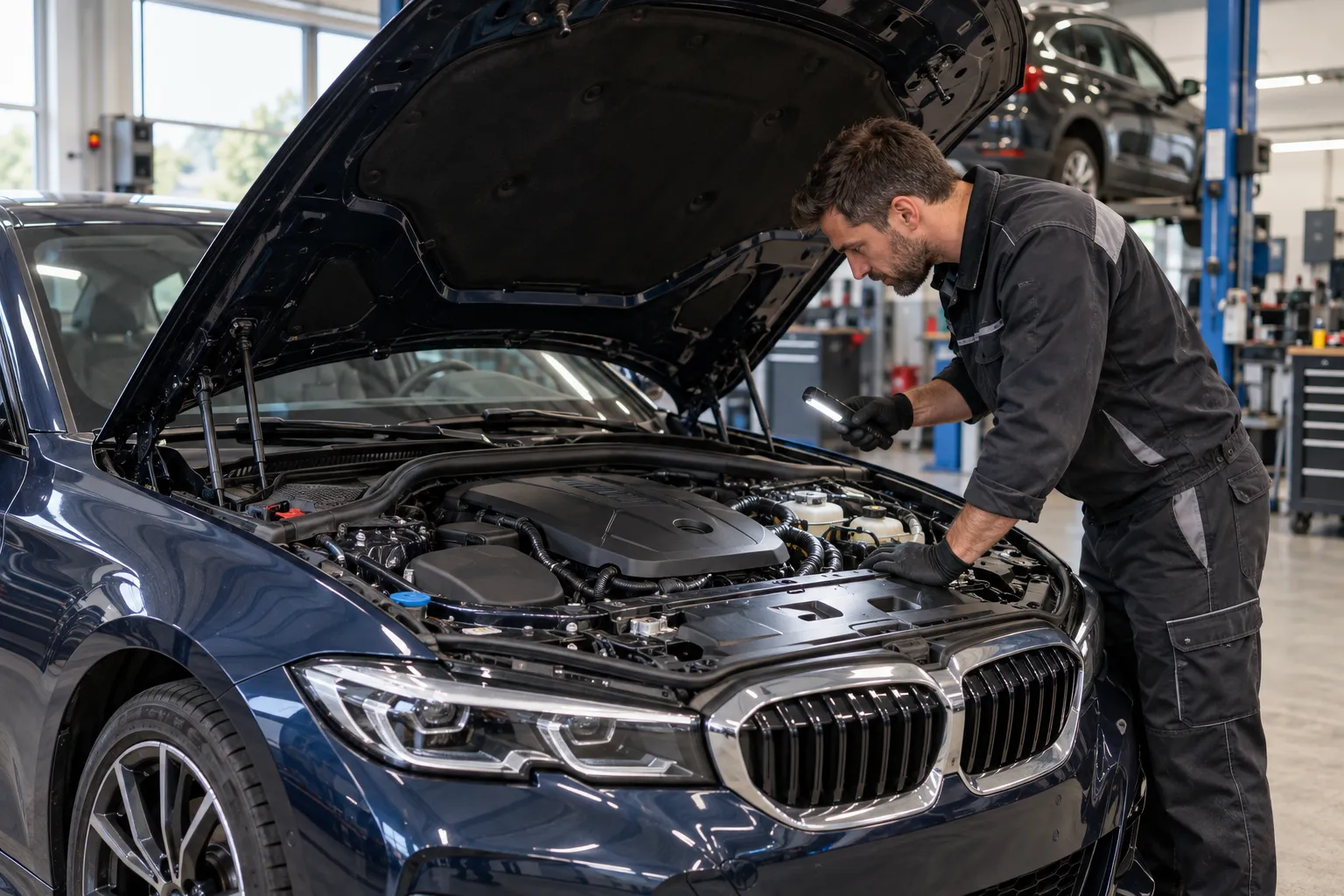 Mécanicien examinant le compartiment moteur d’une BMW avant une intervention en atelier