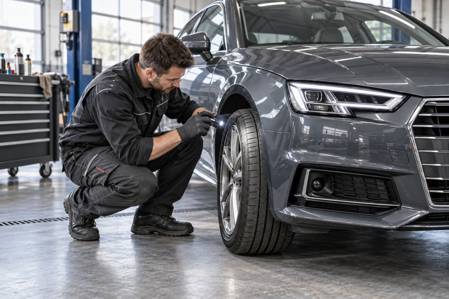 Mécanicien inspectant l’usure de la bande de roulement d’un pneu sur une Audi en atelier