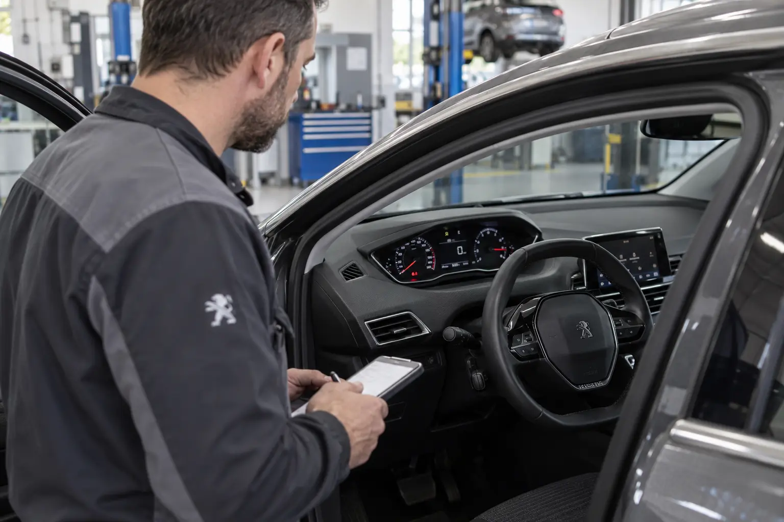 Mécanicien examinant un message d’alerte sur le tableau de bord d’une Peugeot à l’arrêt