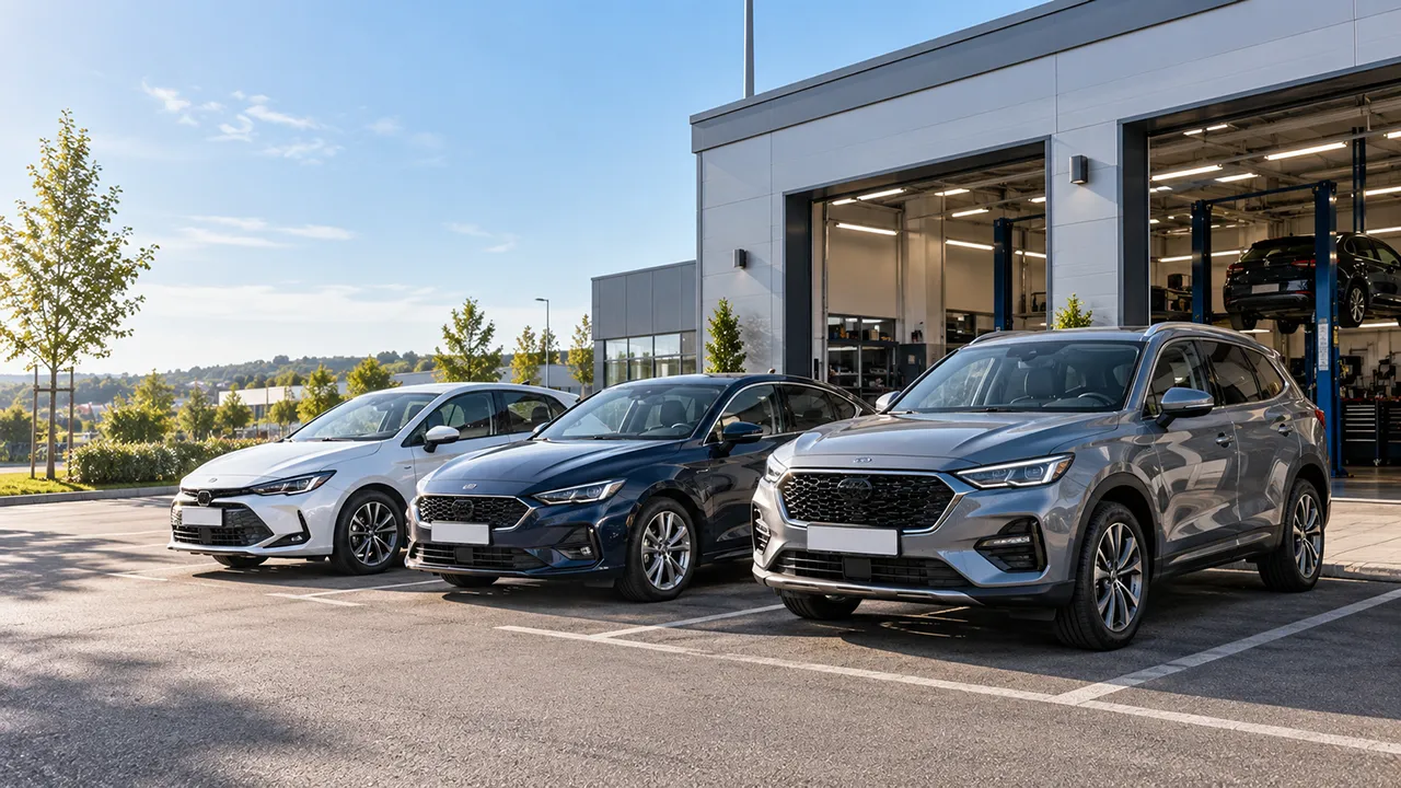 Plusieurs voitures particulières stationnées devant un atelier automobile pour leur entretien au Luxembourg