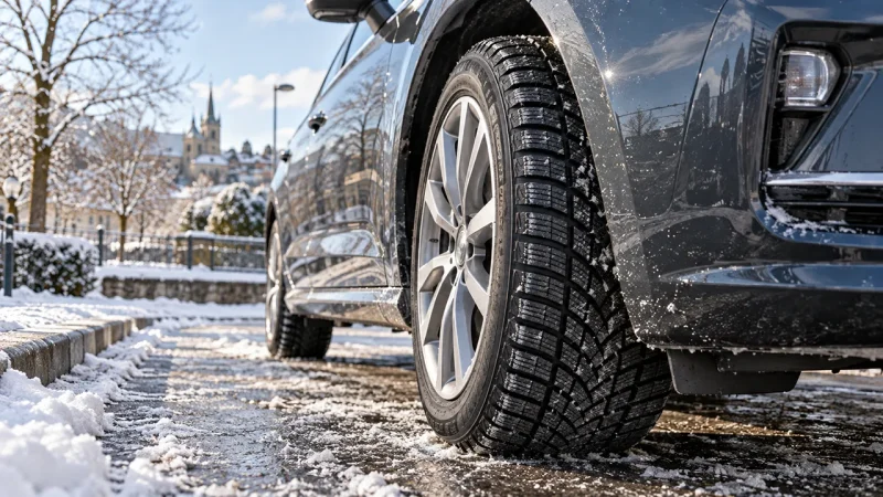Pneu hiver monté sur une voiture stationnée dans un environnement hivernal au Luxembourg, avec une chaussée partiellement enneigée.