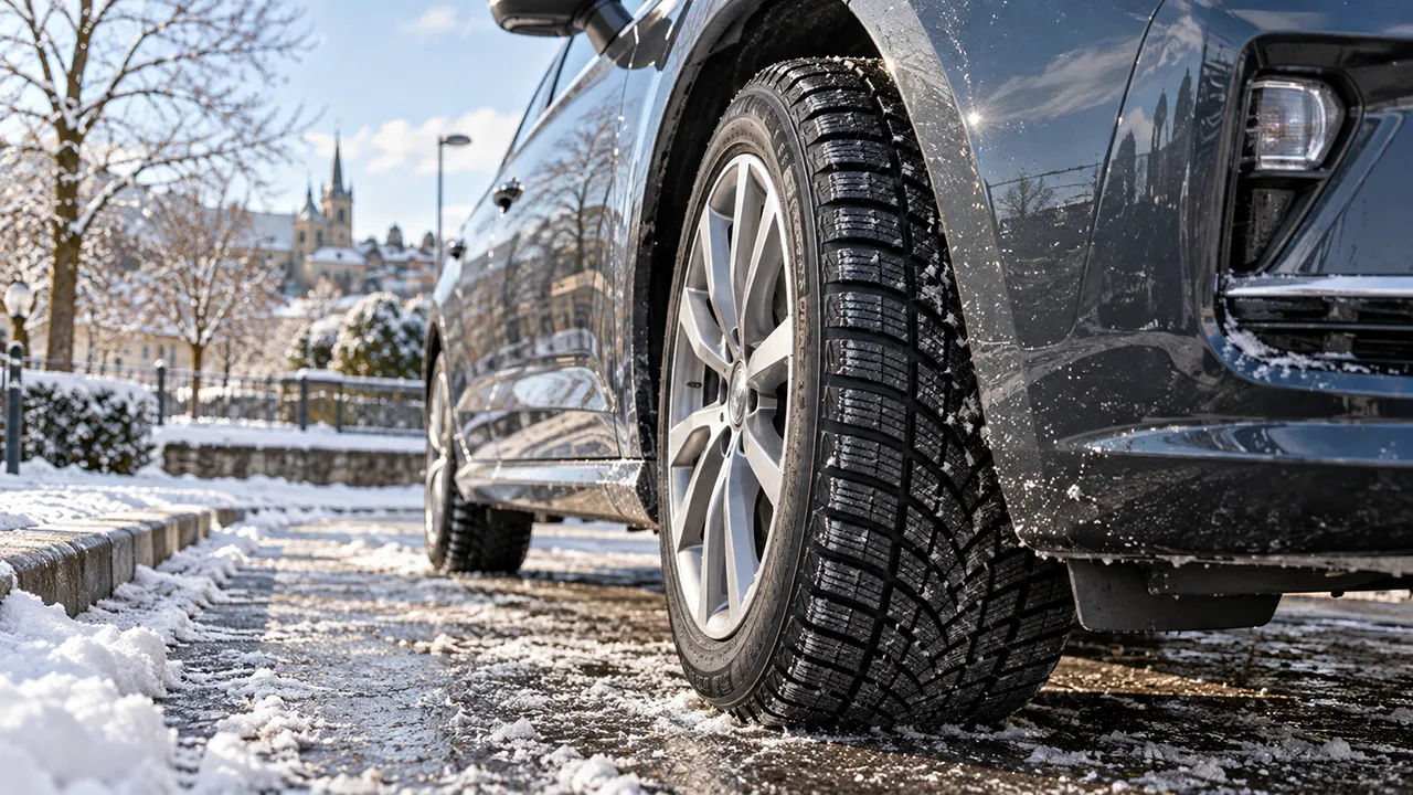 Pneu hiver monté sur une voiture stationnée dans un environnement hivernal au Luxembourg, avec une chaussée partiellement enneigée.