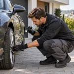 Technicien examinant un pneu crevé sur une voiture stationnée dans un parking privé, avant une éventuelle intervention.