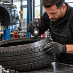 Technicien examinant un pneu de voiture démonté dans un atelier automobile avant d'évaluer une éventuelle réparation.