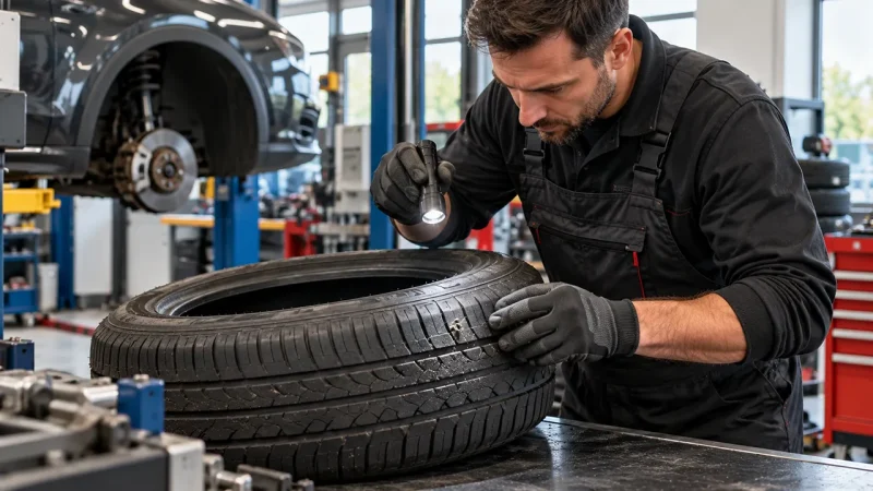 Technicien examinant un pneu de voiture démonté dans un atelier automobile avant d'évaluer une éventuelle réparation.