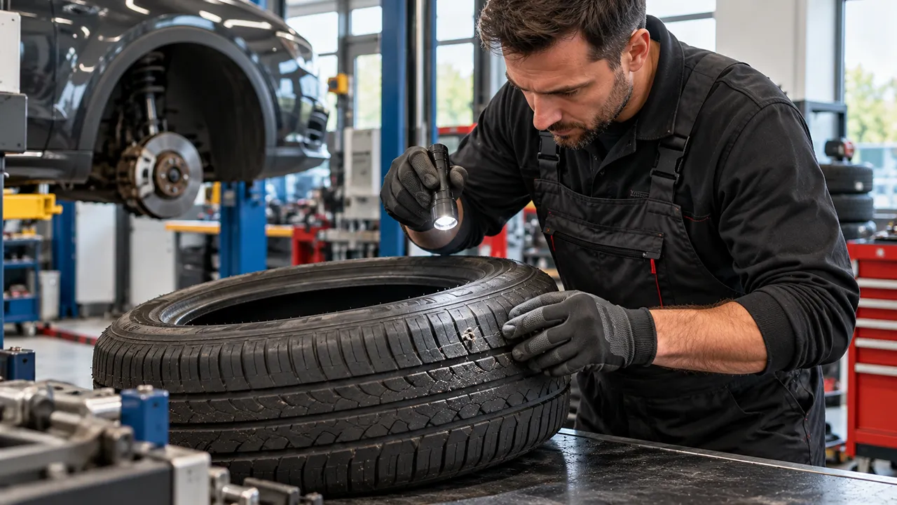 Technicien examinant un pneu de voiture démonté dans un atelier automobile avant d'évaluer une éventuelle réparation.