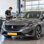 Peugeot 308 stationnée dans un atelier automobile indépendant pour un entretien au Luxembourg