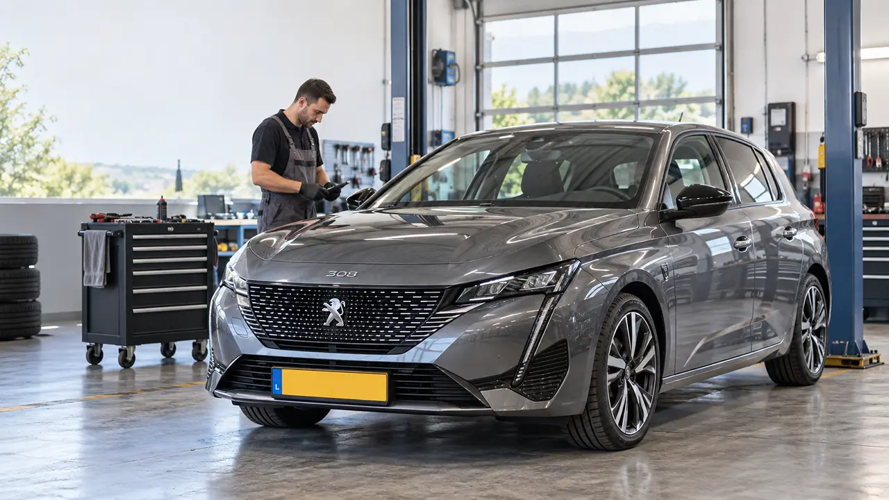 Peugeot 308 stationnée dans un atelier automobile indépendant pour un entretien au Luxembourg