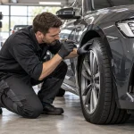 Contrôle d'un pneu Runflat sur une voiture immobilisée dans un atelier automobile après une perte de pression.