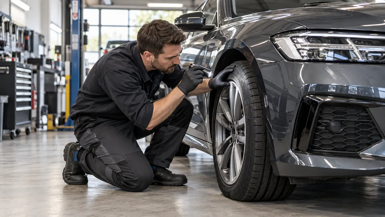 Contrôle d'un pneu Runflat sur une voiture immobilisée dans un atelier automobile après une perte de pression.