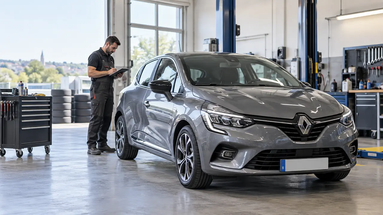 Renault Clio stationnée dans un atelier automobile indépendant pour un entretien au Luxembourg
