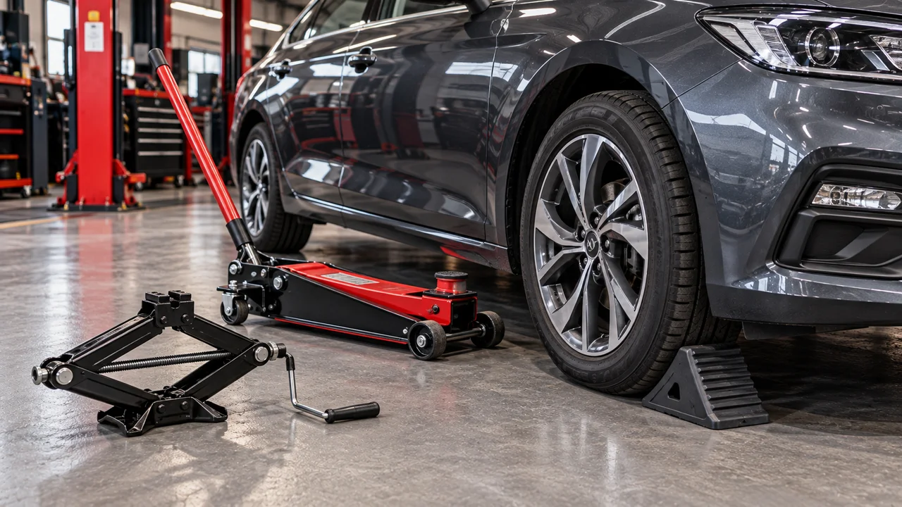 Cric hydraulique roulant et cric à ciseaux près d'une voiture dans un atelier automobile
